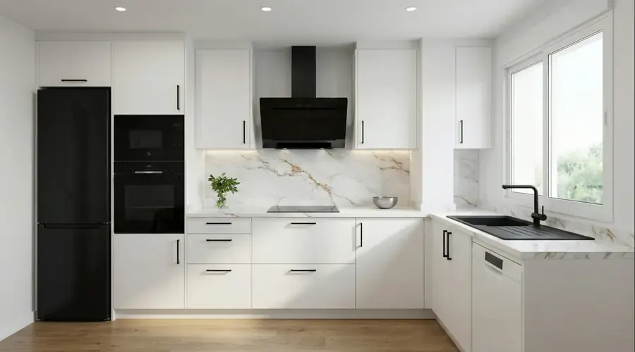 Cocina blanca con electrodomésticos negros y frontal de mármol